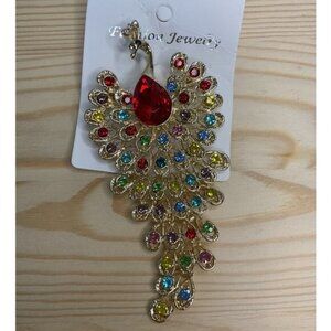 Gold-Toned Multicolor Rhinestone Peacock Pendant Brooch Pin
